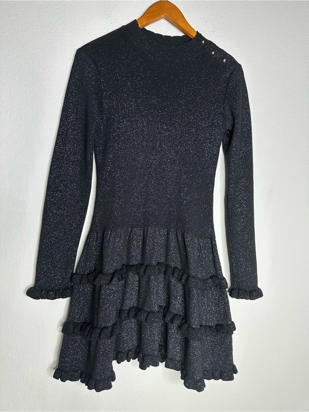 Janie & Jack Girls Black Metallic Glitter Long Sleeve Tiered Ruffle Knit Dress
